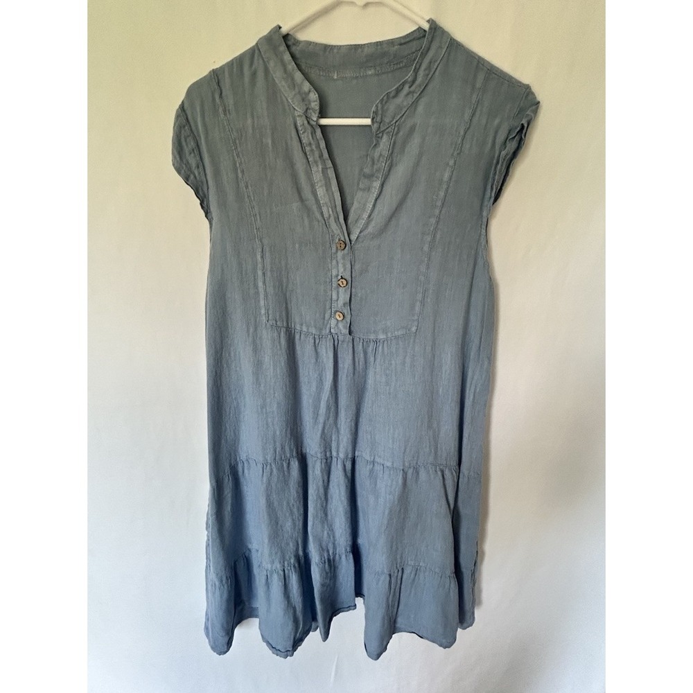 Made In Italy Blue 100% Linen Henley Tiered Dress Med Francesca Bettini Style